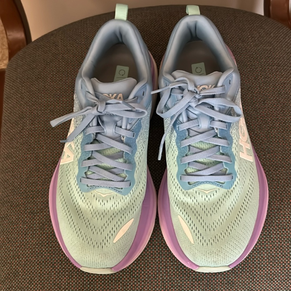 Hoka Bondi 8.  Size 8.5. Blue, teal, and purple.